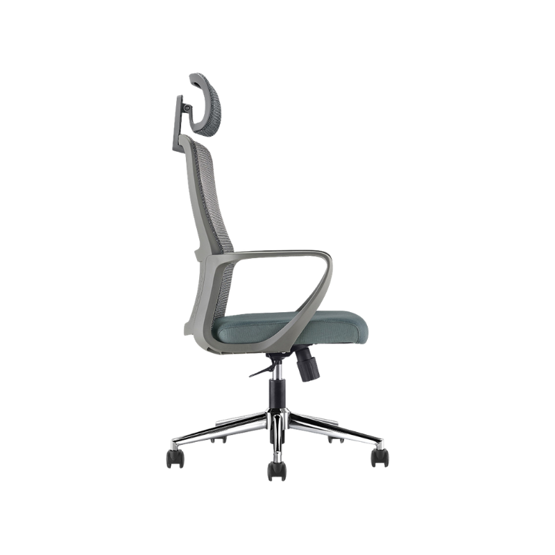 Silla ejecutiva modelo LK-20 con respaldo de malla, cabecera ajustable y base cromada. Ideal para oficinas modernas por su confort y diseño ergonómico.