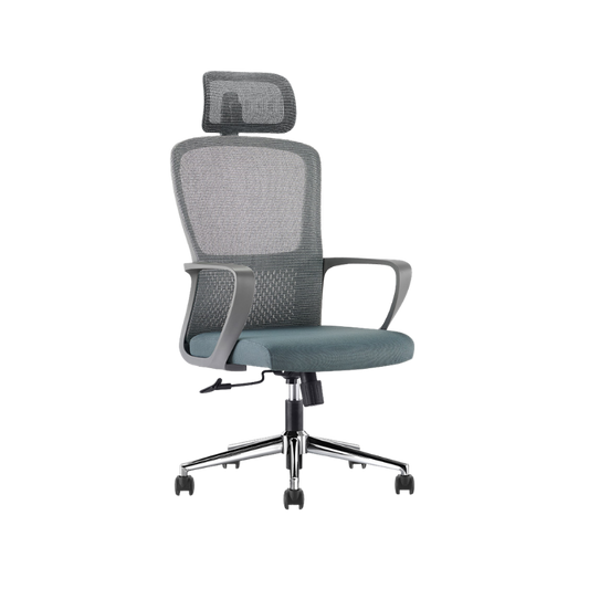 Silla ejecutiva modelo LK-20 con respaldo de malla, cabecera ajustable y base cromada. Ideal para oficinas modernas por su confort y diseño ergonómico.