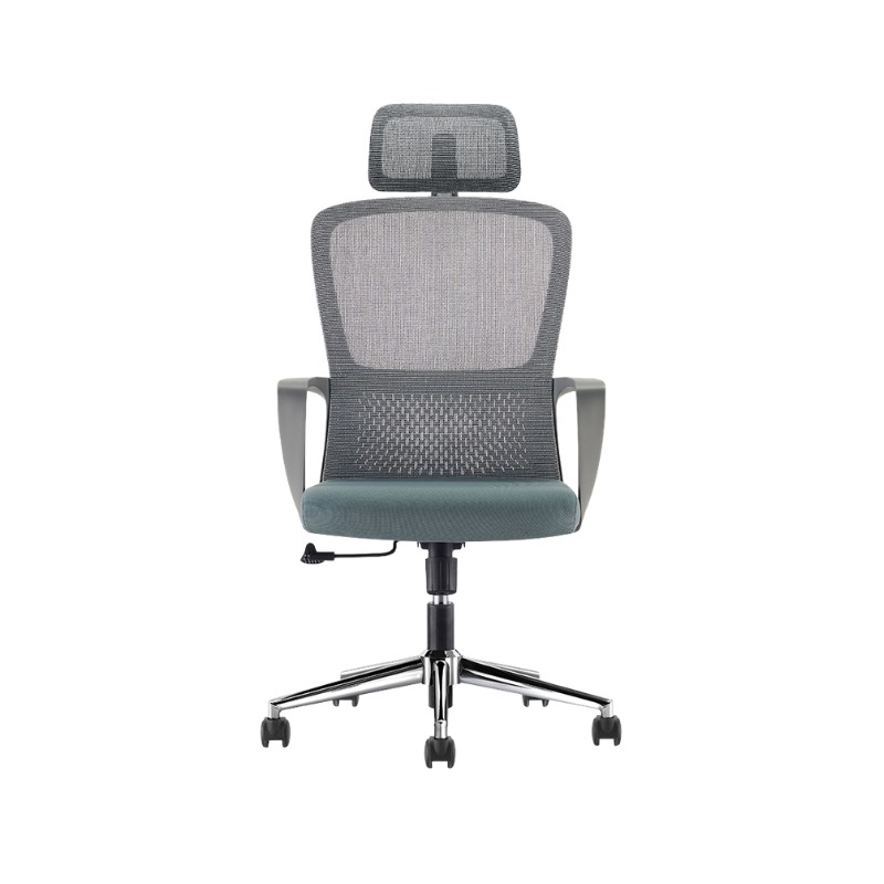 Silla ejecutiva modelo LK-20 con respaldo de malla, cabecera ajustable y base cromada. Ideal para oficinas modernas por su confort y diseño ergonómico.