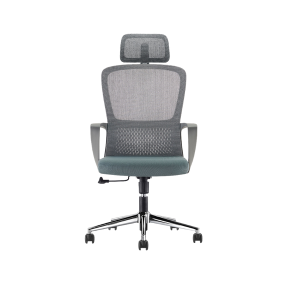 Silla ejecutiva modelo LK-20 con respaldo de malla, cabecera ajustable y base cromada. Ideal para oficinas modernas por su confort y diseño ergonómico.