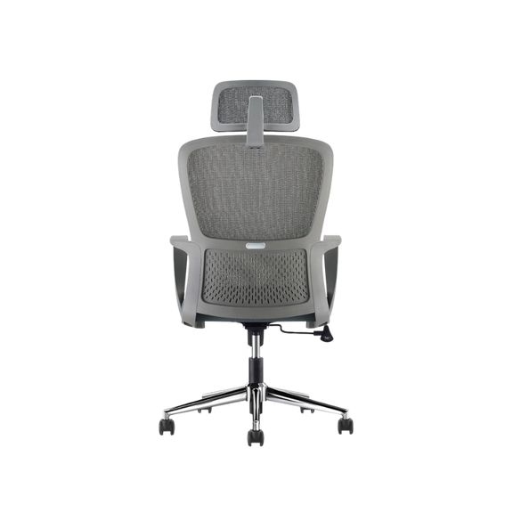 Silla ejecutiva modelo LK-20 con respaldo de malla, cabecera ajustable y base cromada. Ideal para oficinas modernas por su confort y diseño ergonómico.