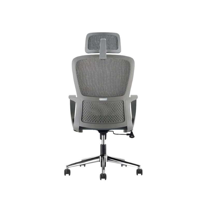 Silla ejecutiva modelo LK-20 con respaldo de malla, cabecera ajustable y base cromada. Ideal para oficinas modernas por su confort y diseño ergonómico.