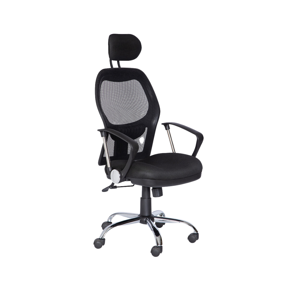 Silla ejecutiva Respaldo de estructura plástica tapizada en malla con riñonera de polietileno ajustable únicamente en color negro asiento de aglomerado de 32 mm. tapizado en variedad de colores Aura Muebles modelo M-75