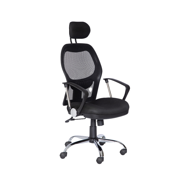 Silla ejecutiva Respaldo de estructura plástica tapizada en malla con riñonera de polietileno ajustable únicamente en color negro asiento de aglomerado de 32 mm. tapizado en variedad de colores Aura Muebles modelo M-75