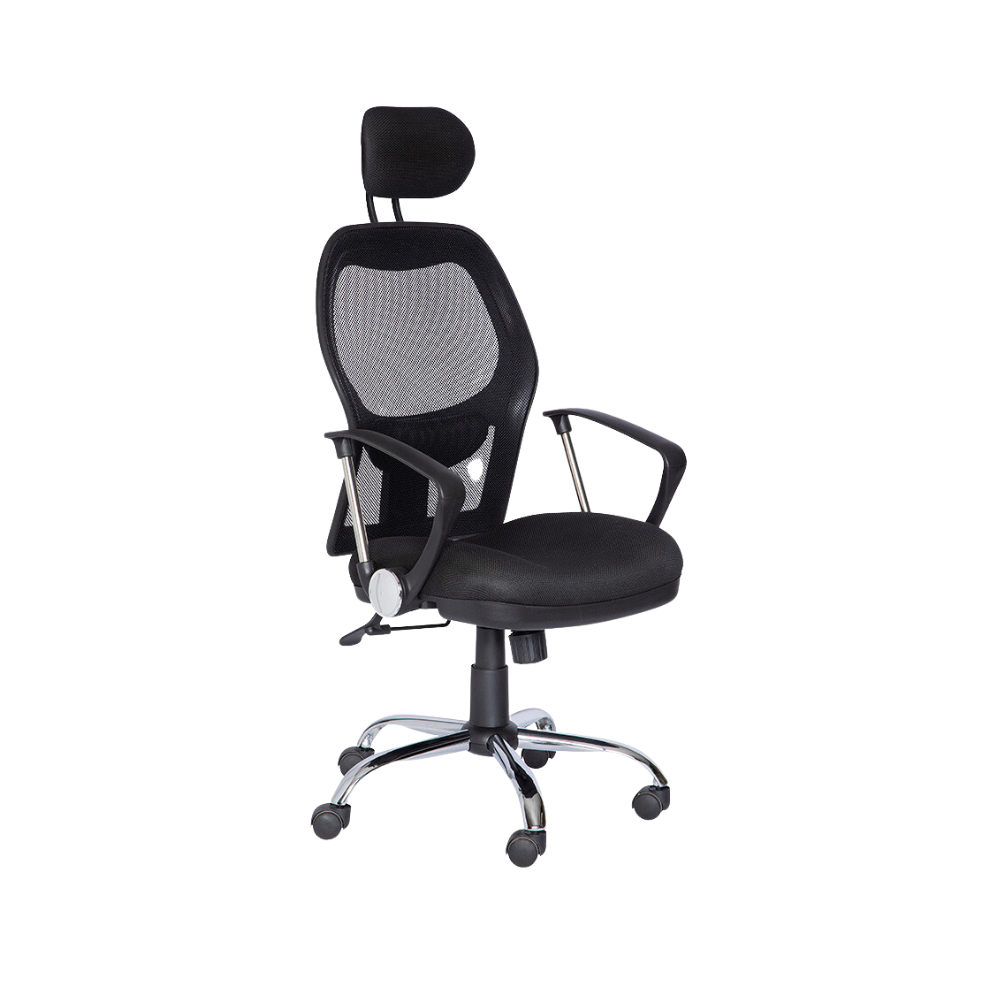 Silla ejecutiva Respaldo de estructura plástica tapizada en malla con riñonera de polietileno ajustable únicamente en color negro asiento de aglomerado de 32 mm. tapizado en variedad de colores Aura Muebles modelo M-75