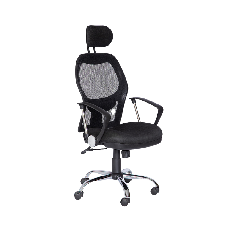 Silla ejecutiva Respaldo de estructura plástica tapizada en malla con riñonera de polietileno ajustable únicamente en color negro asiento de aglomerado de 32 mm. tapizado en variedad de colores Aura Muebles modelo M-75