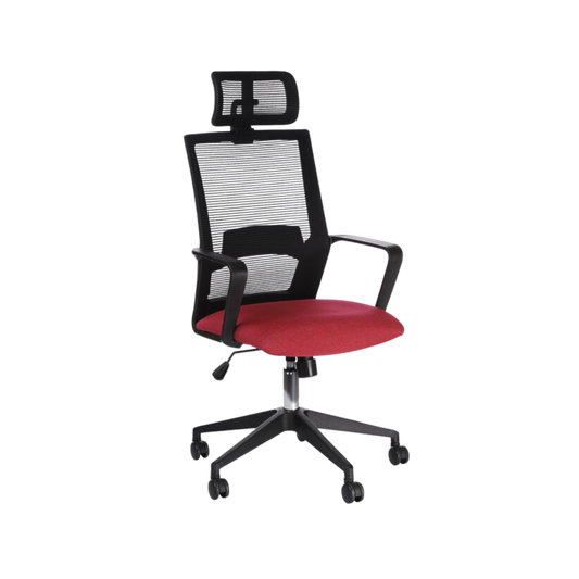 Silla ejecutiva color negro con asiento rojo brazos fijos con cabecera Aura Muebles modelo SONIK-A