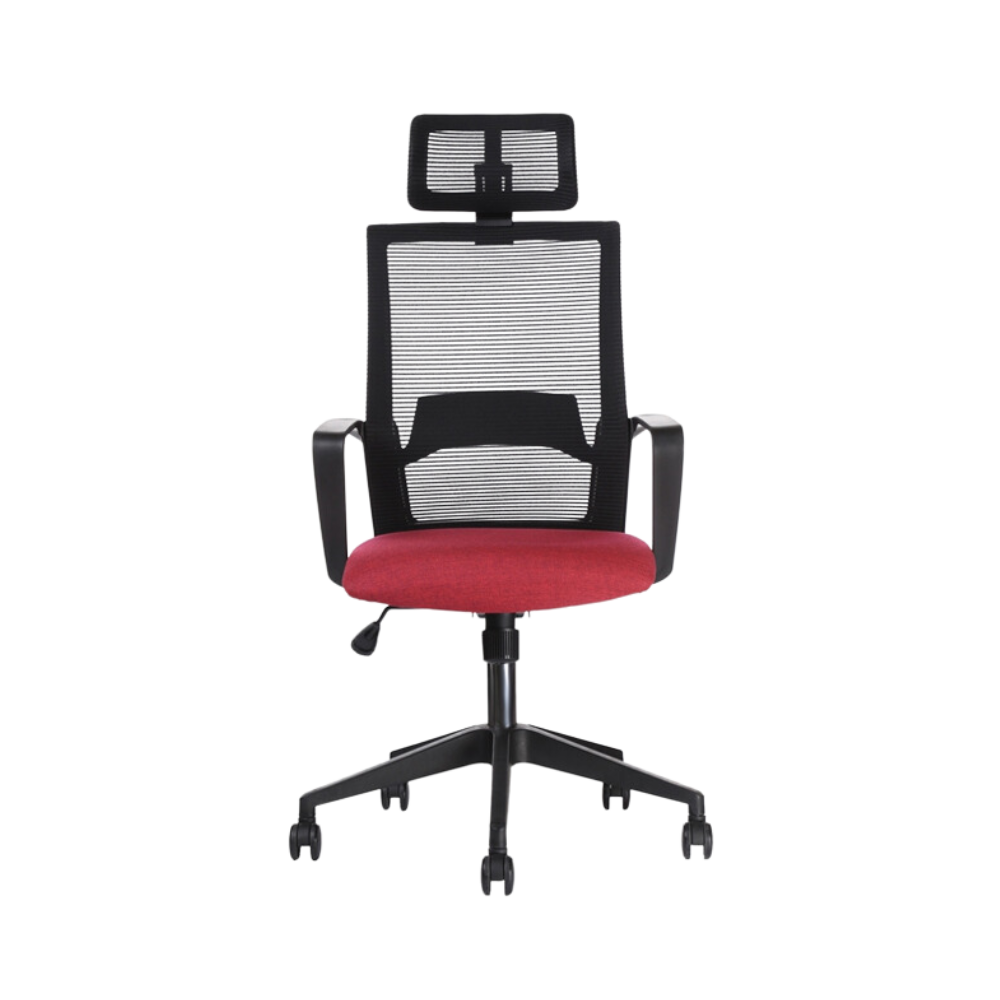 Silla ejecutiva color negro con asiento rojo brazos fijos con cabecera Aura Muebles modelo SONIK-A