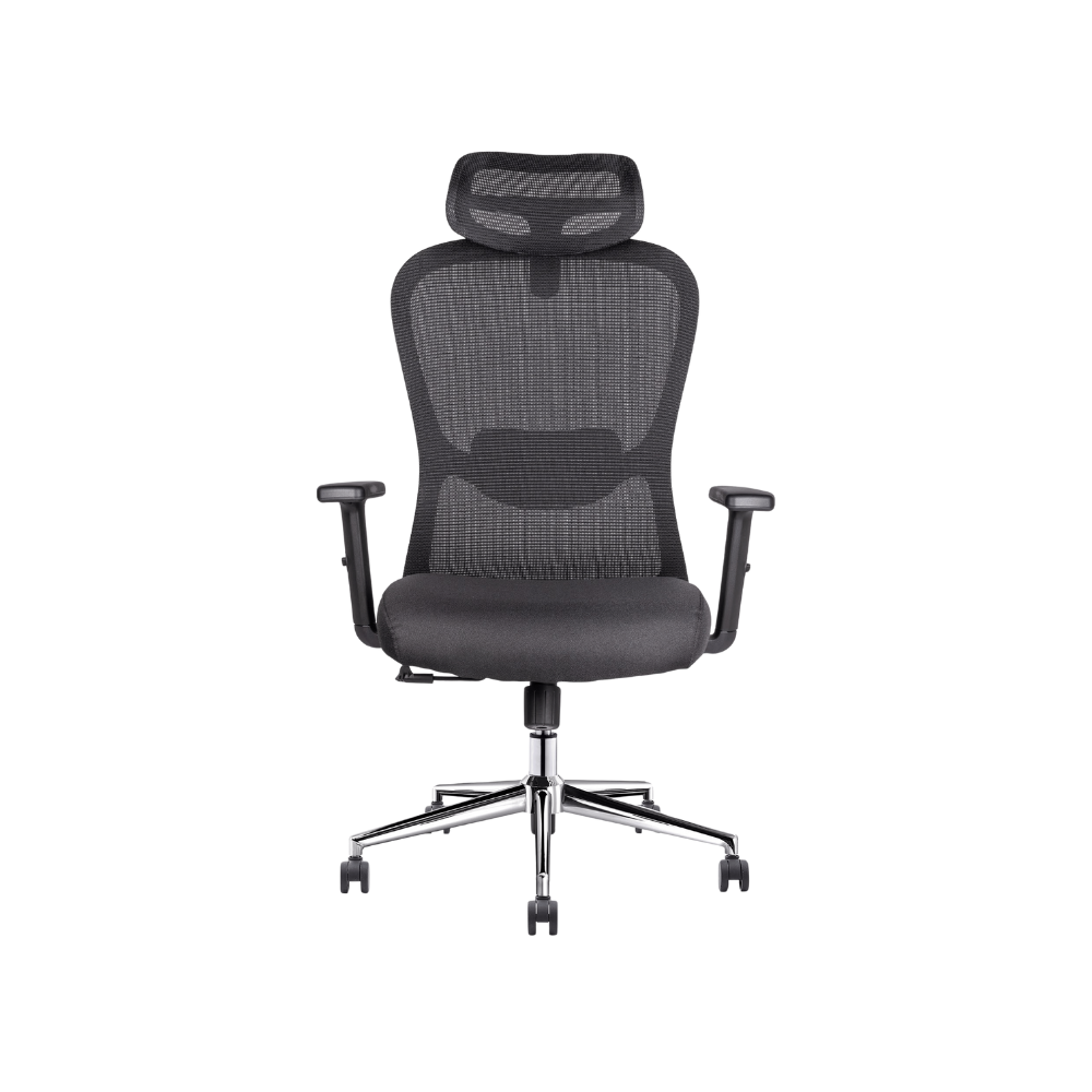 Silla ejecutiva negra Athelier OHE-905 con respaldo alto de malla y cabecera ajustable