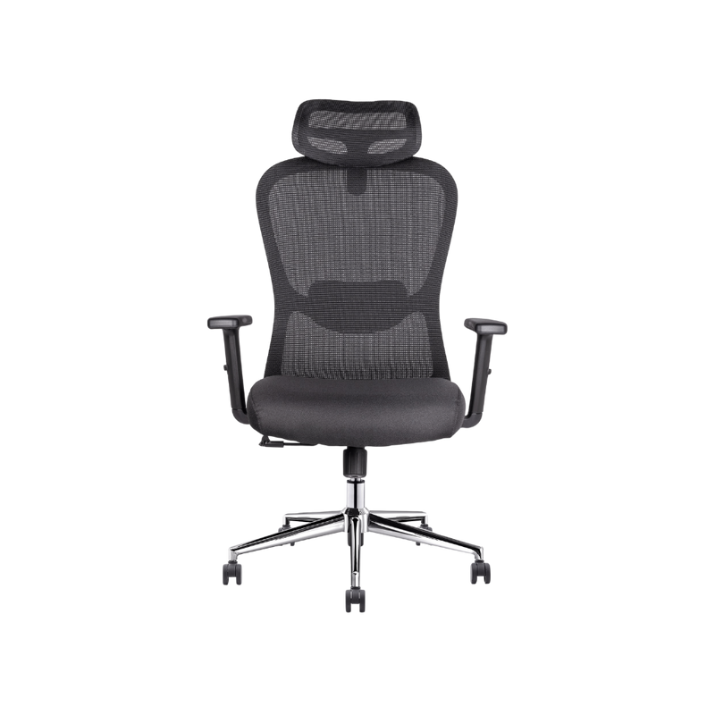 Silla ejecutiva negra Athelier OHE-905 con respaldo alto de malla y cabecera ajustable