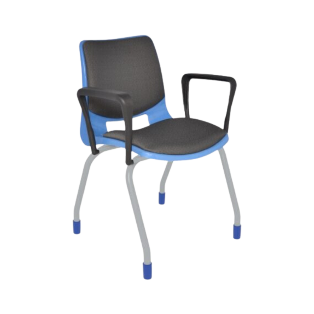 Silla escolar BOLD con brazos y tapizada con estructura fabricada de tubular redondo de 1” cal. 14 acabado en cromo o pintura horneada micropulverizada en color gris aluminio. Asiento y respaldo integrados por una concha de polipropileno con transferencia térmica Aura Muebles modelo EB-110