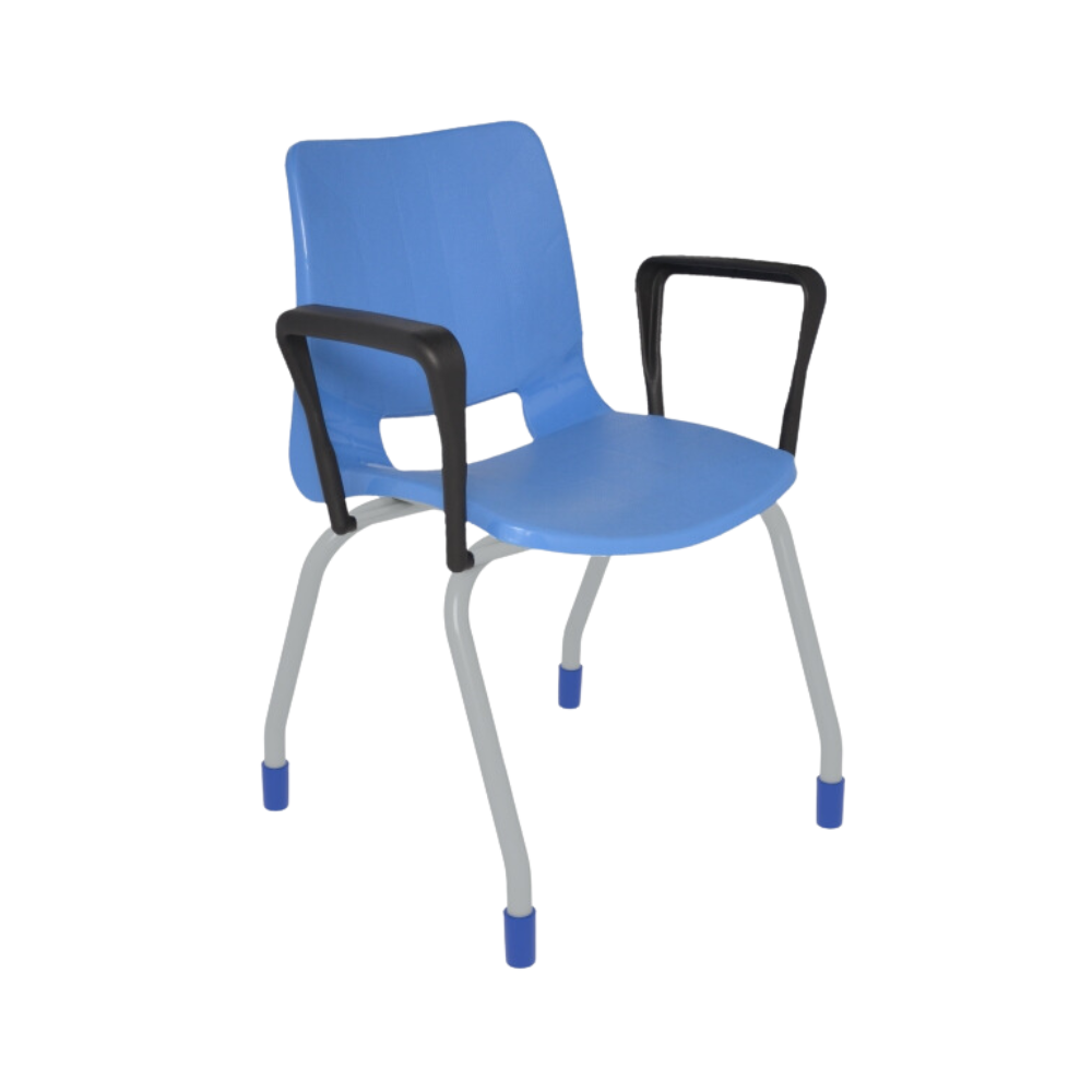 Silla escolar BOLD pintada con brazos estructura fabricada de tubular redondo de 1” cal.14 acabado en cromo o pintura horneada micropulverizada en color gris aluminio asiento y respaldo integrados por una concha de polipropileno con transferencia térmica Aura Muebles modelo EB-310