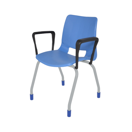 Silla escolar BOLD pintada con brazos estructura fabricada de tubular redondo de 1” cal.14 acabado en cromo o pintura horneada micropulverizada en color gris aluminio asiento y respaldo integrados por una concha de polipropileno con transferencia térmica Aura Muebles modelo EB-310