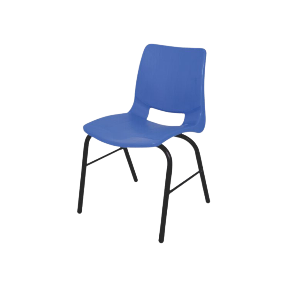 Silla escolar POLY EVO Sin parrilla. Estructura: fabricada en tubular redondo de 1″ y refuerzos laterales en tubular redondo de 1/2″. Asiento y respaldo: conformados por una concha de polipropileno inyectado en una sola pieza con transferencia térmica Aura Muebles modelo EE-300