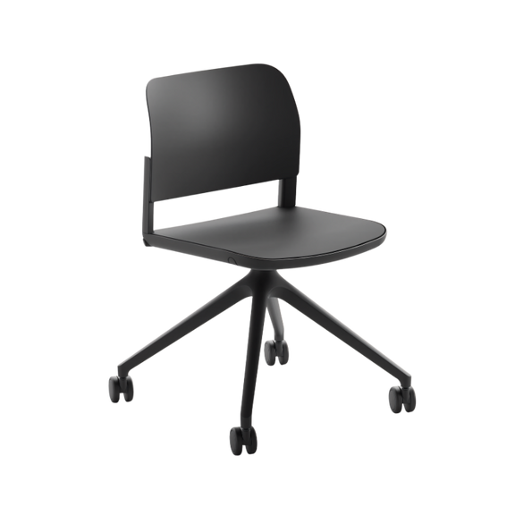 La silla operativa CIAO OHS-11 en color negro. Con su base de estrella en poliamida, asiento giratorio soporta hasta 160 kg, siendo reisistente y duradera.