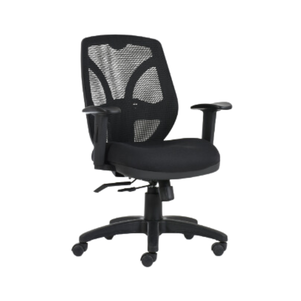 Silla operativa de respaldo medio respaldo tapizado en malla Flex opcional en 4 colores soporte lumbar asiento en poliuretano inyectado y tapizado en tela brazos ajustables de gel con poliuretano Aura Muebles modelo BM-2000 SL