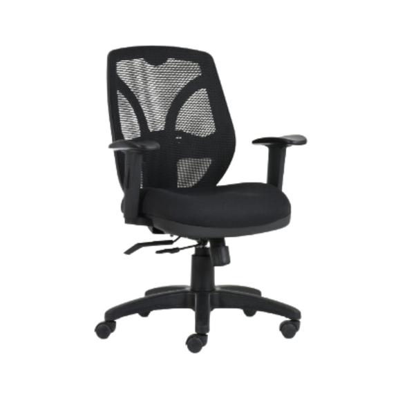 Silla operativa de respaldo medio respaldo tapizado en malla Flex opcional en 4 colores soporte lumbar asiento en poliuretano inyectado y tapizado en tela brazos ajustables de gel con poliuretano Aura Muebles modelo BM-2000 SL