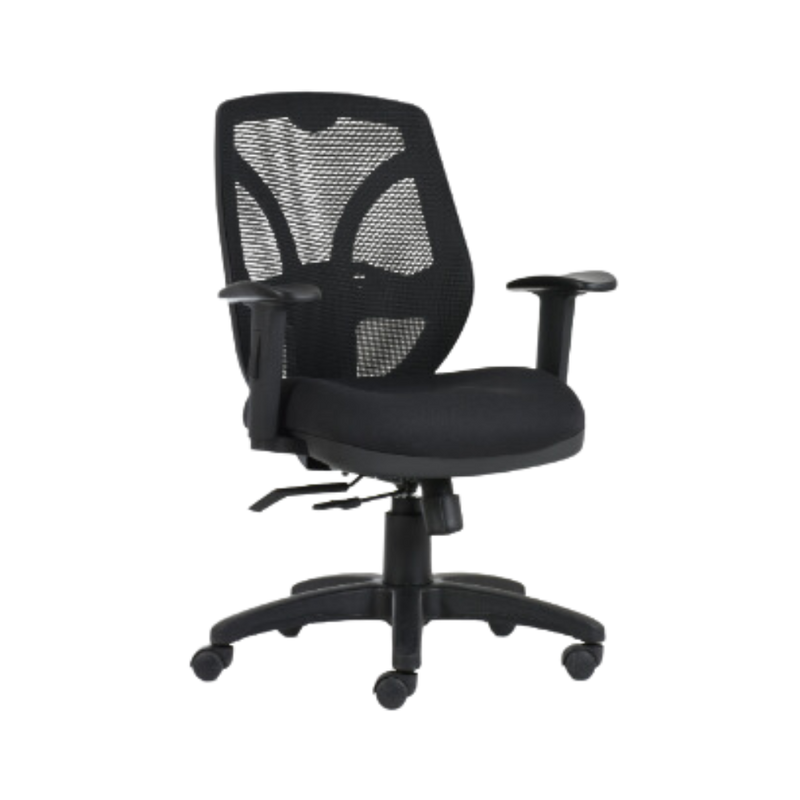 Silla operativa de respaldo medio respaldo tapizado en malla Flex opcional en 4 colores soporte lumbar asiento en poliuretano inyectado y tapizado en tela brazos ajustables de gel con poliuretano Aura Muebles modelo BM-2000 SL