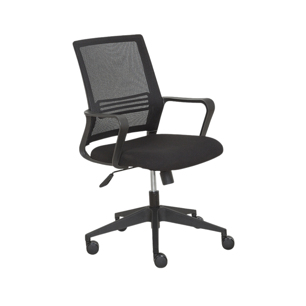 Silla operativa con pistón secretarial base en nylon 24” de 5 puntas brazos de polietileno rígido en color negro mecanismo ejecutivo con sistema reclinable mecanismo de bloqueo y ajuste de altura Aura Muebles modelo LK-17 N