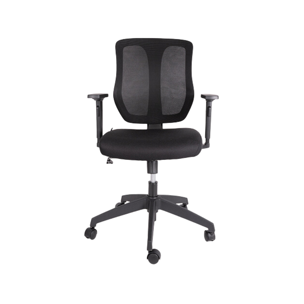 Silla Operativa color Negro con brazos Respaldo En malla de diseño ergonómico Aura Muebles modelo OHE-55