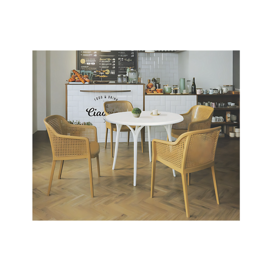 Silla para restaurante GRACE  Terminado en imitación bejuco de una sola pieza en polipropileno de alta resistencia y duración para la intemperie, resistente a los rayos ultravioleta (UV) Aura Muebles modelo OHV-7028