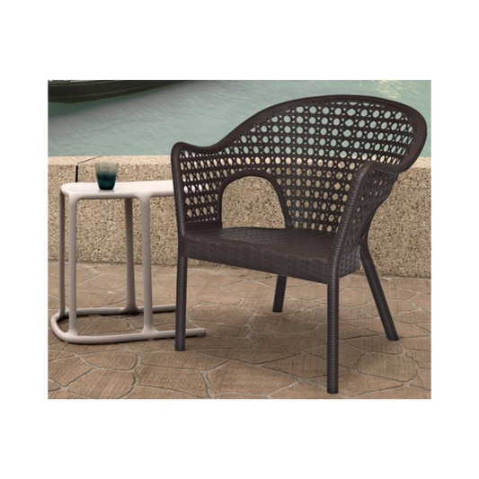 Silla para restaurante IRIS LOUNGE Respaldo, asiento y patas terminado en imitación mimbre de una sola pieza en polipropileno de alta resistencia y duración para intemperie, resistente a los rayos ultravioleta (UV) Aura Muebles modelo OHV-7029CC