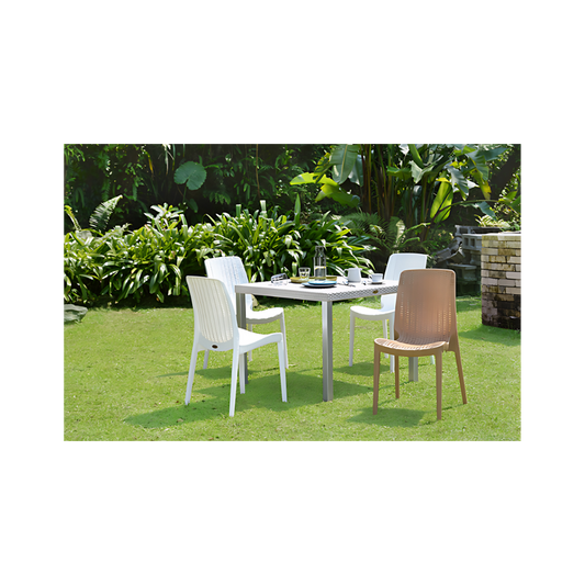 Silla para restaurante RUE Terminado en imitación de mimbre de una sola pieza en polipropileno de alta resistencia y duración para la intemperie, resistente a los rayos ultravioleta (UV) Aura Muebles modelo OHV-92