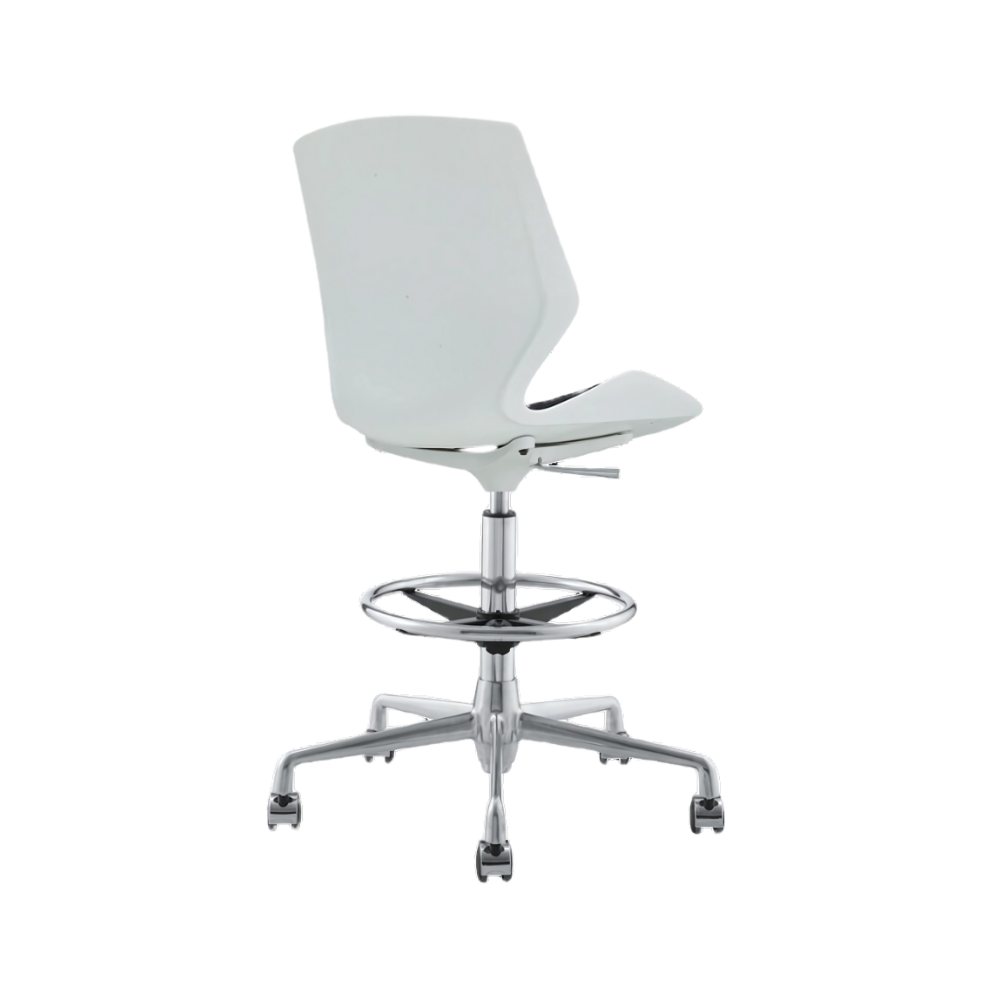 Silla secretarial cajero en concha de polipropileno en color blanco asiento tapizado en tela color negro (de línea) o varios colores Aura Muebles model AB-305