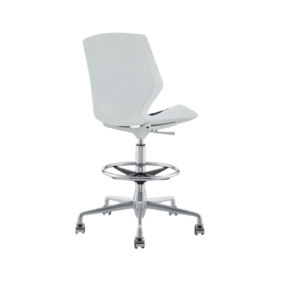 Silla secretarial cajero en concha de polipropileno en color blanco asiento tapizado en tela color negro (de línea) o varios colores Aura Muebles model AB-305