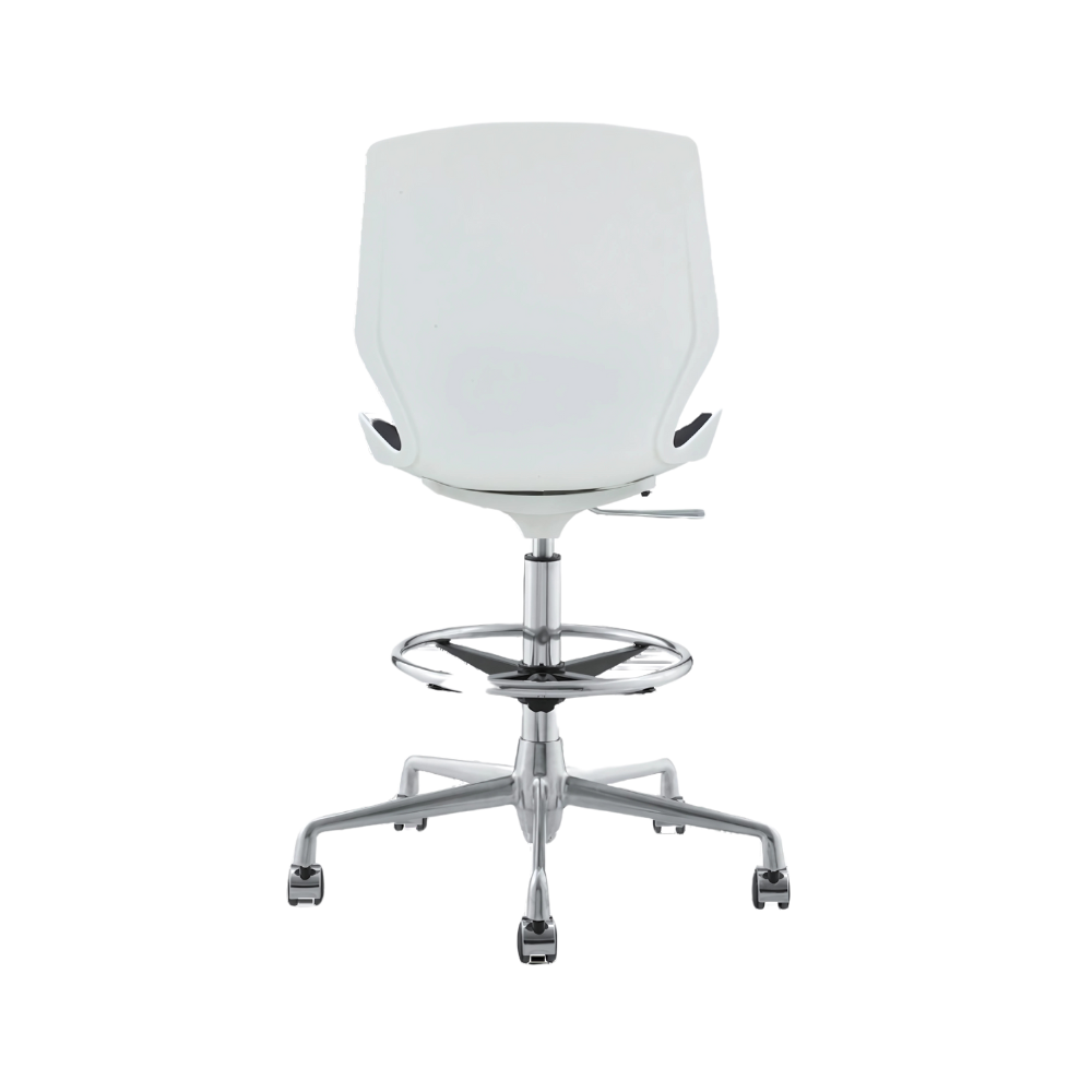 Silla secretarial cajero en concha de polipropileno en color blanco asiento tapizado en tela color negro (de línea) o varios colores Aura Muebles model AB-305