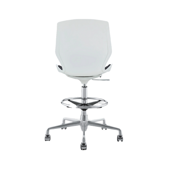 Silla secretarial cajero en concha de polipropileno en color blanco asiento tapizado en tela color negro (de línea) o varios colores Aura Muebles model AB-305