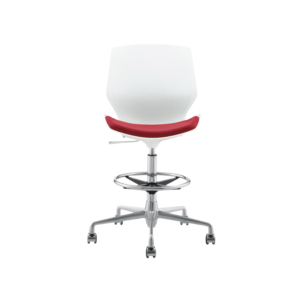 Silla secretarial cajero en concha de polipropileno en color blanco asiento tapizado en tela color negro (de línea) o varios colores Aura Muebles model AB-305