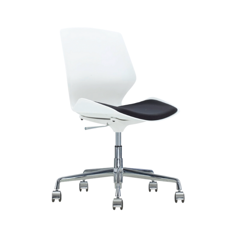 Silla secretarial en concha de polipropileno en color blanco asiento tapizado en tela color negro (de línea) Aura Muebles modelo AB-300