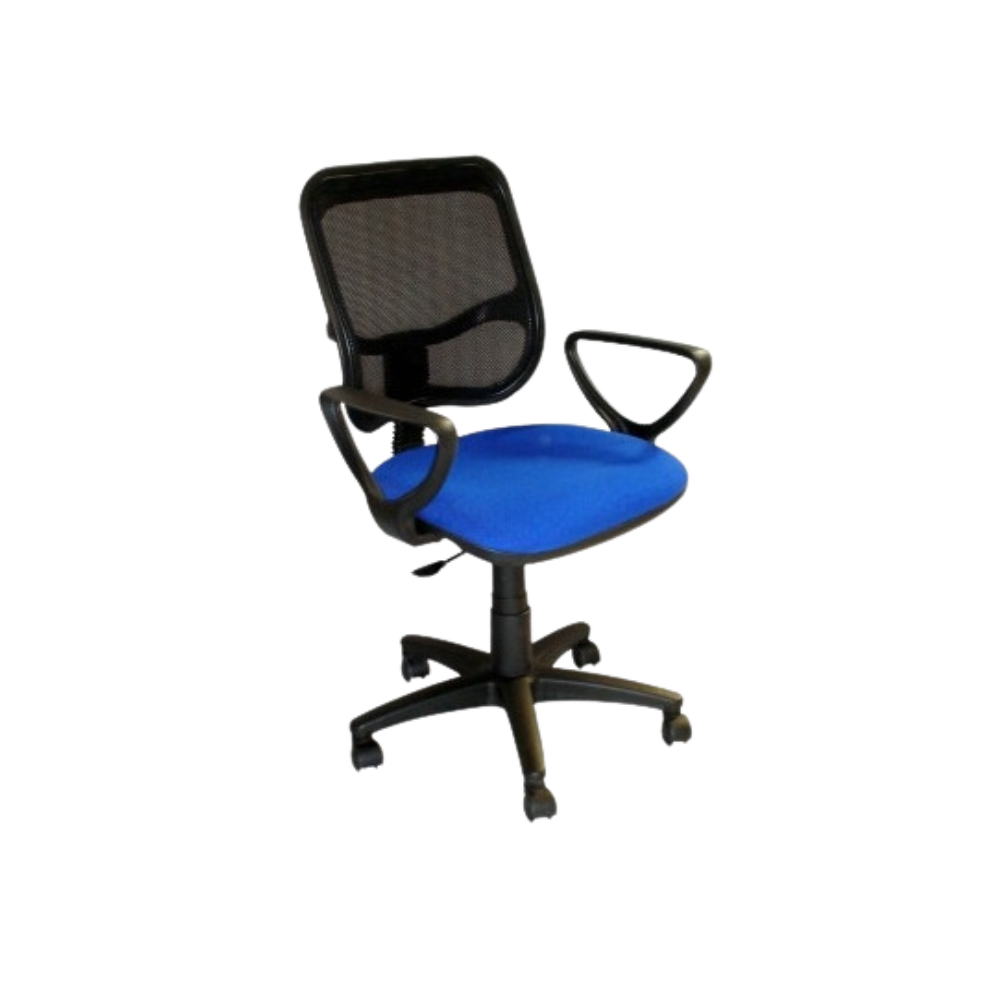 Silla secretarial con respaldo de estructura plástica tapizada en malla únicamente en color negro, asiento de aglomerado de 12 mm tapizado en variedad de colores, con tapa de polipropileno Aura Muebles modelo M-60E