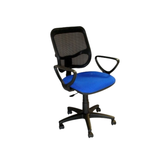 Silla secretarial con respaldo de estructura plástica tapizada en malla únicamente en color negro, asiento de aglomerado de 12 mm tapizado en variedad de colores, con tapa de polipropileno Aura Muebles modelo M-60E