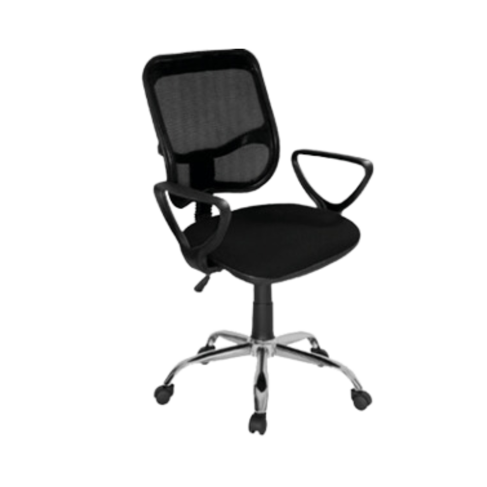 Silla secretarial con respaldo de estructura plástica tapizada en malla únicamente en color negro, asiento de aglomerado de 12 mm tapizado en variedad de colores, con tapa de polipropileno Aura Muebles modelo M-60E