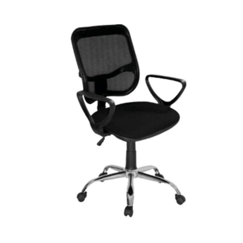 Silla secretarial con respaldo de estructura plástica tapizada en malla únicamente en color negro, asiento de aglomerado de 12 mm tapizado en variedad de colores, con tapa de polipropileno Aura Muebles modelo M-60E