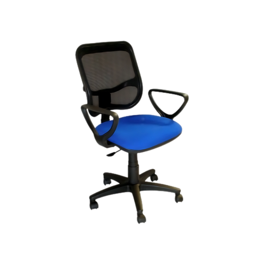 Silla secretarial con respaldo de estructura plástica tapizada en malla únicamente en color negro, asiento de aglomerado de 12 mm tapizado en variedad de colores, con tapa de polipropileno Aura Muebles modelo M-60E