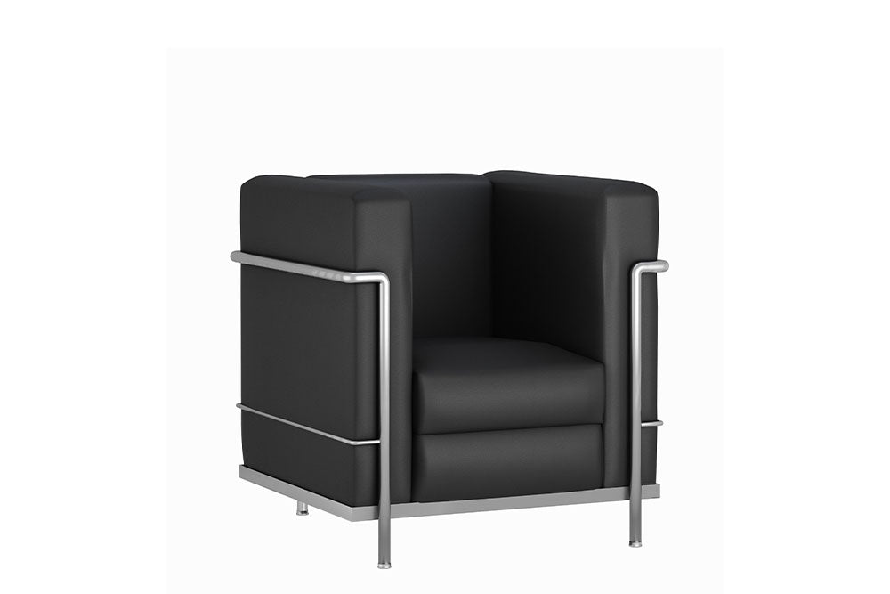 Sillón de visita Cubic individual en acabado negro con estructura cromada sobre fondo blanco