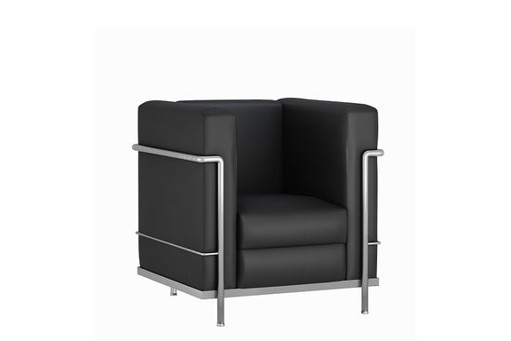 Sillón de visita Cubic individual en acabado negro con estructura cromada sobre fondo blanco