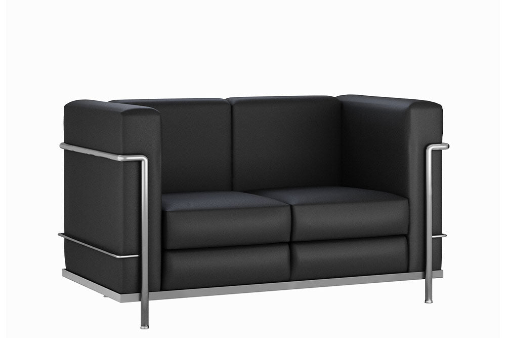 Sillón de visita de 2 plazas modelo Cubic con estructura cromada y tapizado en vinil negro