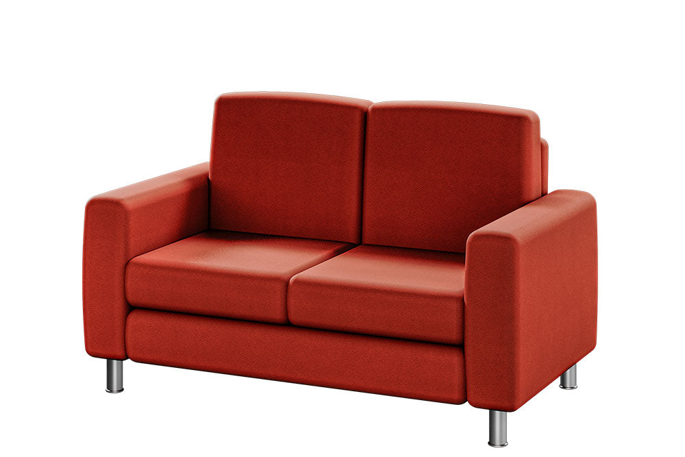 Vista frontal del sillón de visita Rubí de 2 plazas con estructura cromada en tono rojo