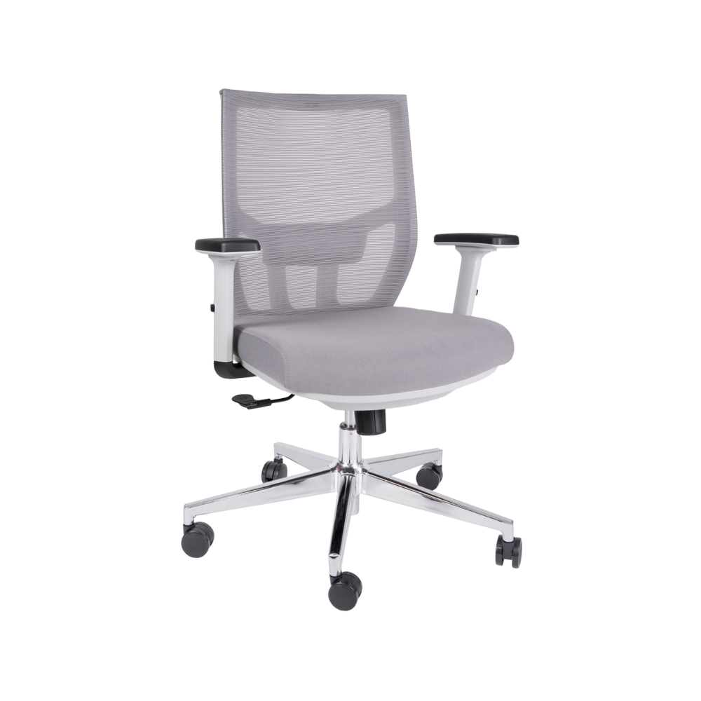Sillón ejecutivo gris con respaldo ergonómico y base cromada de 5 puntas