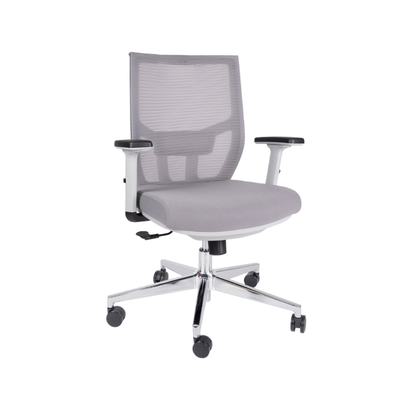 Sillón ejecutivo gris con respaldo ergonómico y base cromada de 5 puntas