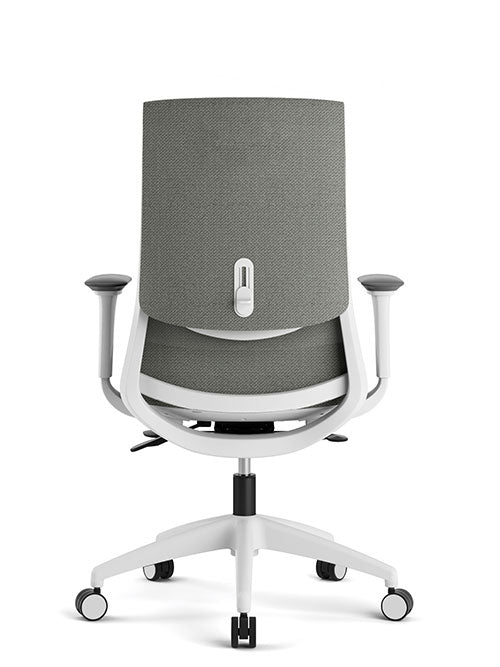 Vista trasera del sillón ejecutivo Royal White respaldo bajo con estructura blanca, soporte lumbar y diseño funcional para oficina.