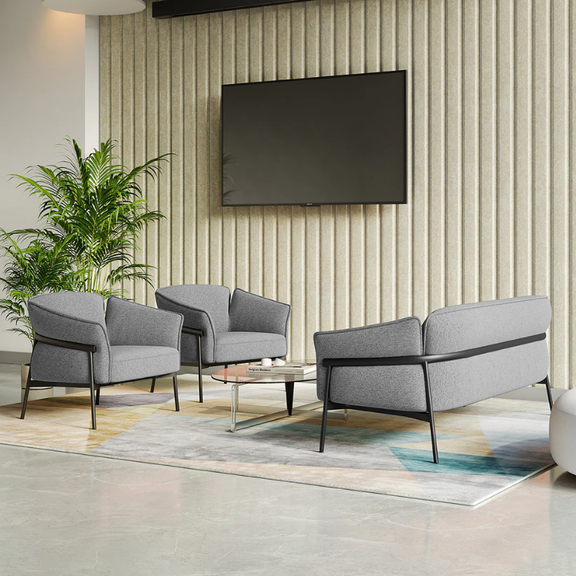 Sillón de espera ISABELA OHM-51001 gris con estructura metálica negra, diseño moderno y elegante para recepción