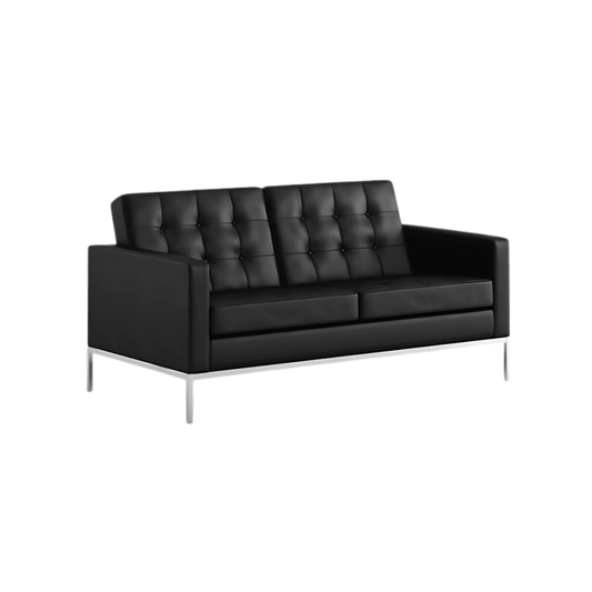 Sofá confortable Armazón de madera de pino sólido de 1″ de espesor diseño capitoneado base metálica pintura gris o negra acojinamiento en poliuretano flexible con aislante térmico Aura Muebles modelo BRAUN