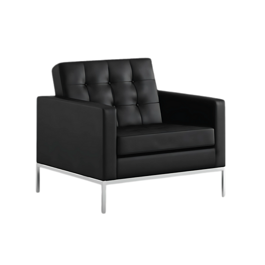 Sofá confortable Armazón de madera de pino sólido de 1″ de espesor diseño capitoneado base metálica pintura gris o negra acojinamiento en poliuretano flexible con aislante térmico Aura Muebles modelo BRAUN