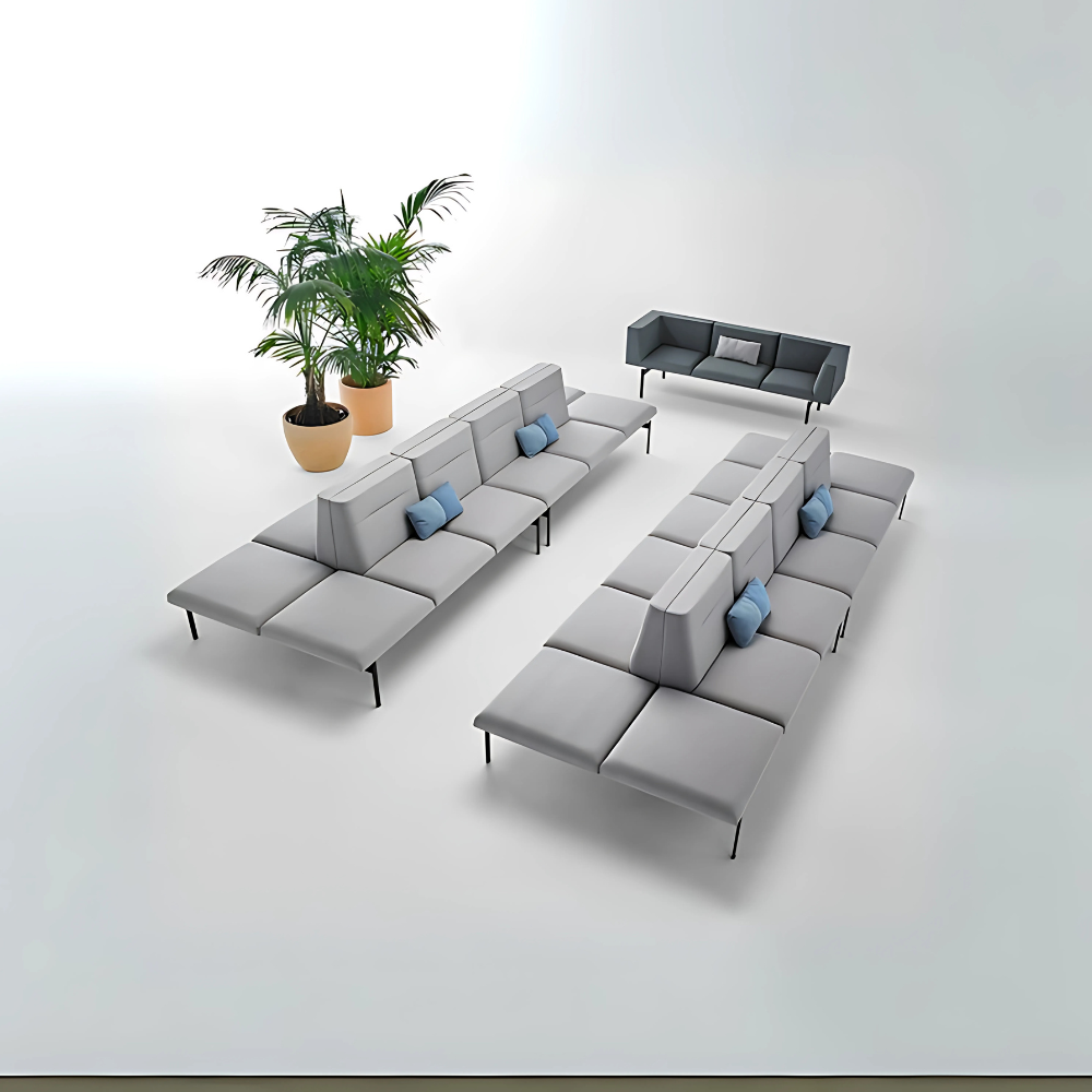 Sofá confortable Moderno diseño configurable estructura metálica pintura negra, gris o blanca  Acojinamiento en poliuretano flexible de alta densidad precio por 8 sofás dobles con respaldo y 4 mesas acojinadas  Aura Muebles modelo SAHARA II