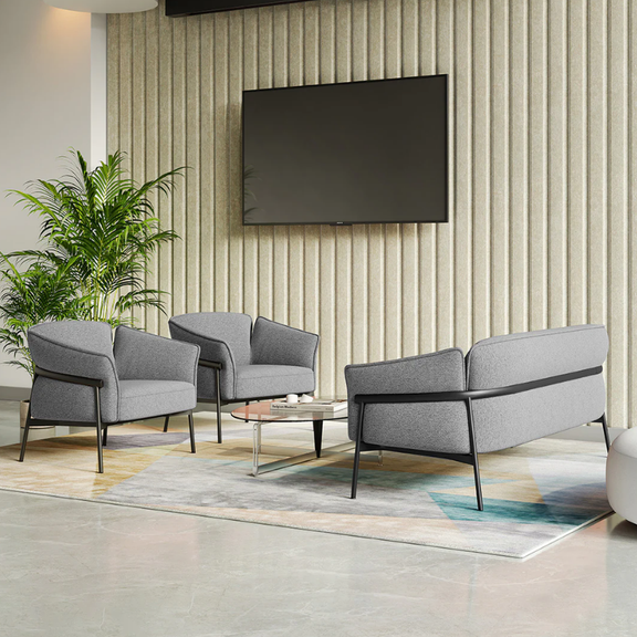 Sofá de espera ISABELA OHM-51003 gris con estructura metálica negra, diseño moderno para sala de espera